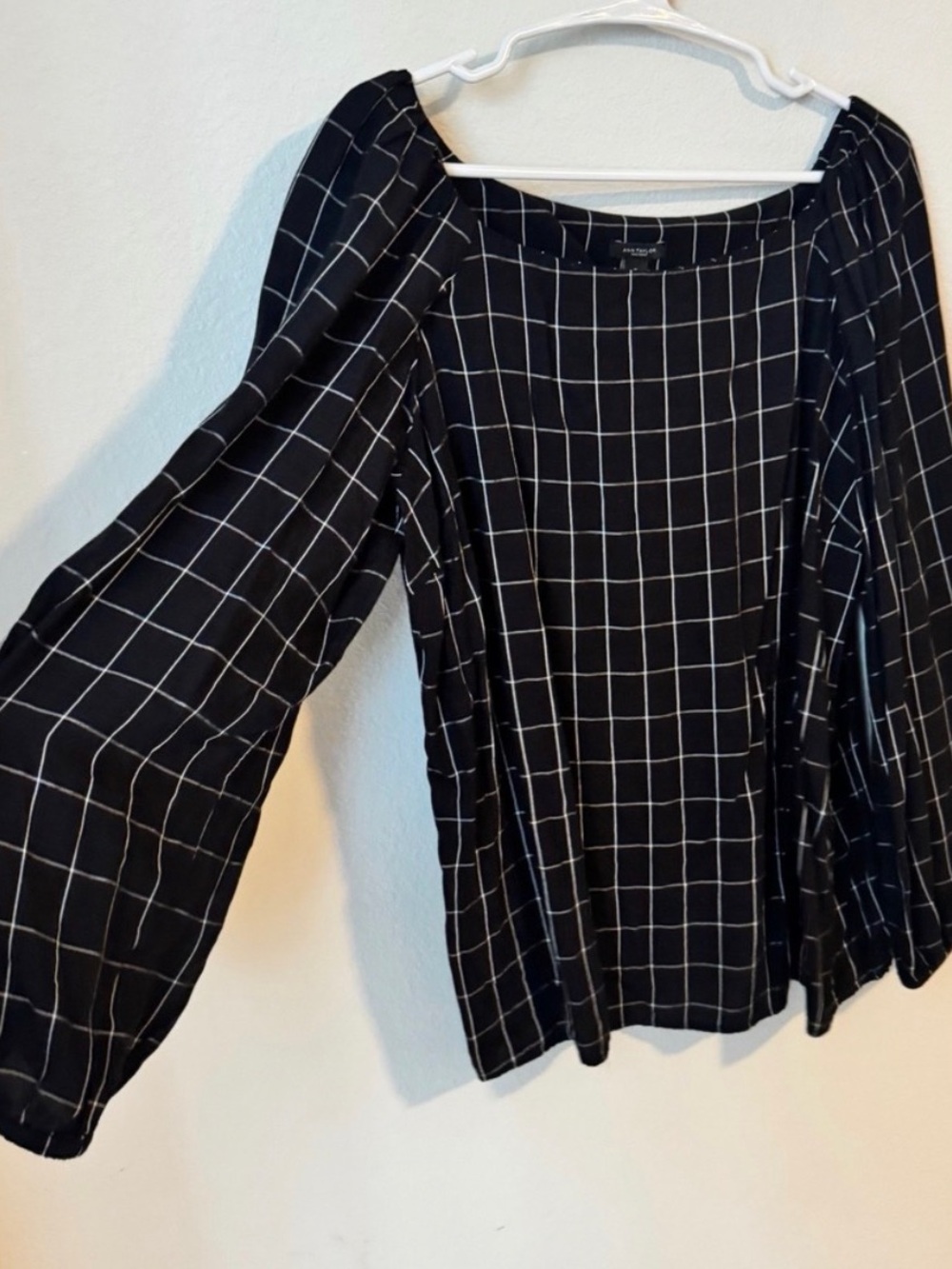 Ann Taylor Factory Black White Windowpane Square Neck Puff Sleeve Blouse Mens M